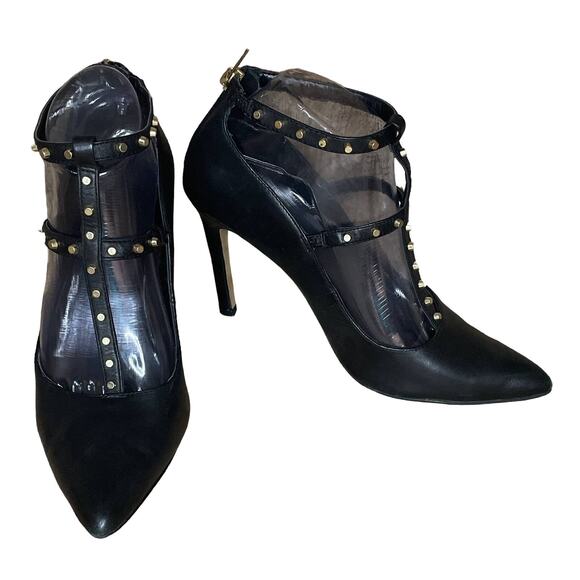Banana Republic Black Leather T-Strap Studded Strap Pointed Toe Heels Size 7.5 - Picture 1 of 12